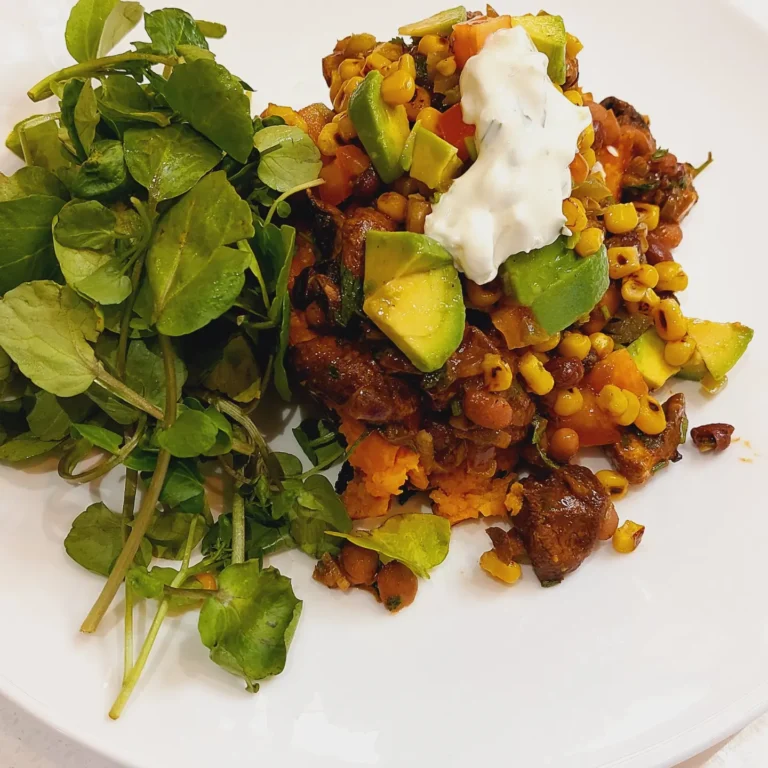 Sweet Potato Jackets topped with 3 bean chilli and a charred sweetcorn salsa
